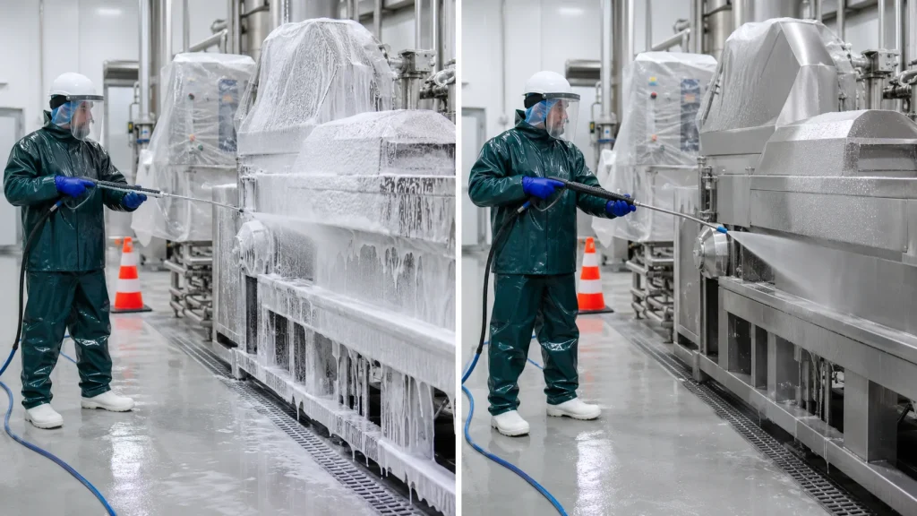 Worker foam-cleaning and pressure-washing stainless steel food-processing machinery.