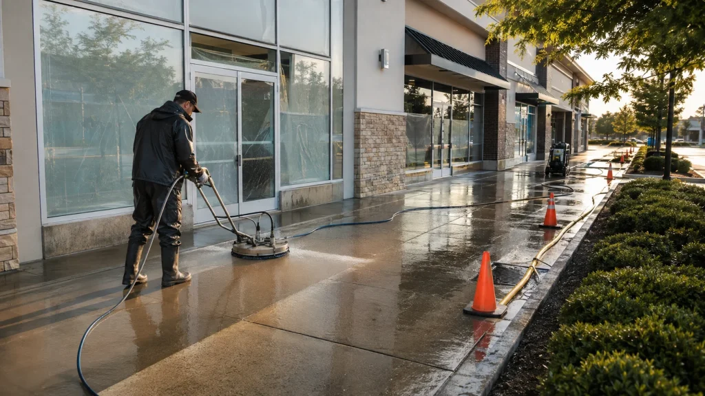 Worker pressure-washing a retail storefront sidewalk with a commercial surface cleaner.