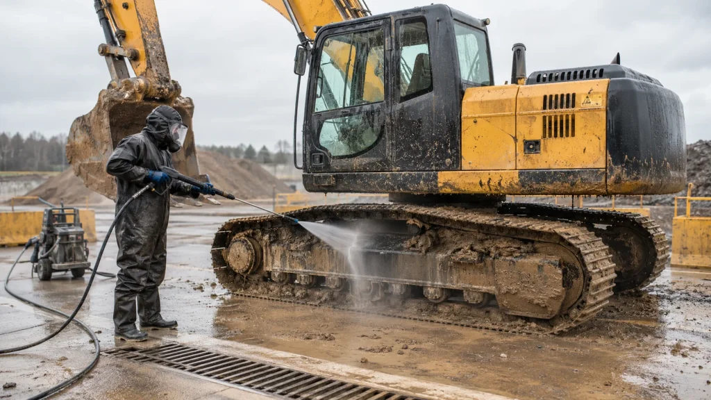 Worker pressure washing mud from a heavy-duty excavator at a construction equipment wash bay.