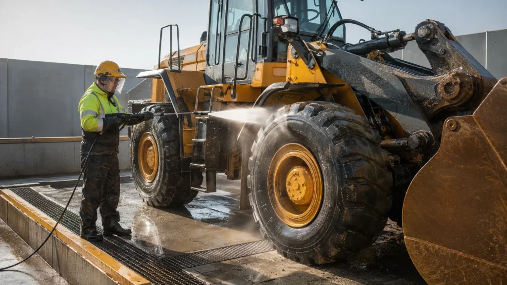 Worker pressure-washing mud from a heavy-duty wheel loader in an industrial wash bay.