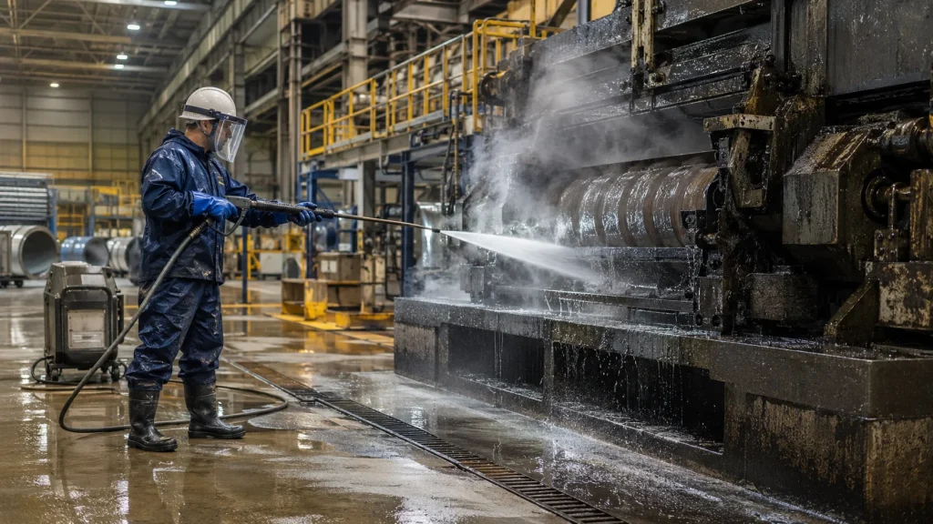 Worker safely using a hot water pressure washer to remove grease from industrial machinery.