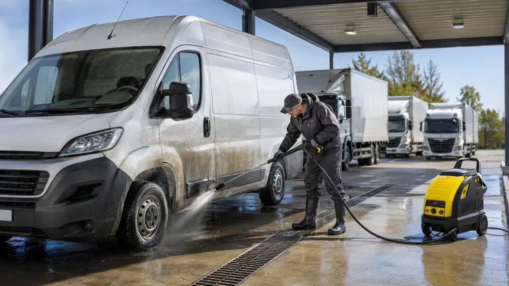 Worker using a Kärcher pressure washer to clean a commercial fleet van.