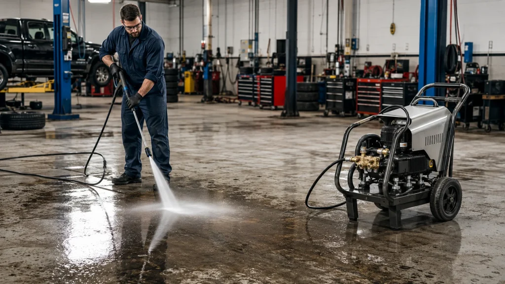 Worker using a commercial pressure washer to clean the floor inside an automotive repair shop.