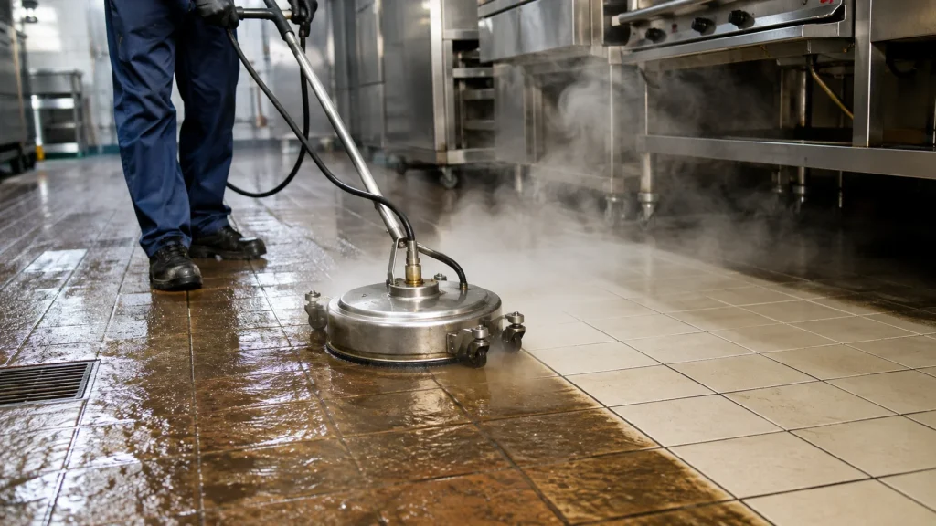 Worker using a hot water pressure washer to remove grease from a commercial kitchen floor.