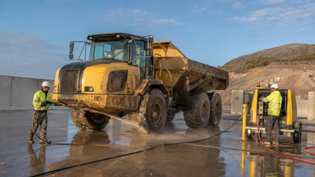 Workers choosing the right PSI and GPM to clean a heavy-duty construction dump truck.