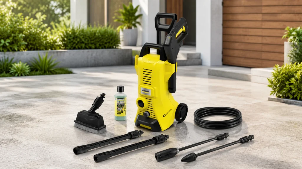 Yellow pressure washer with hose, detergent, surface cleaner, and spray wands on a modern patio.