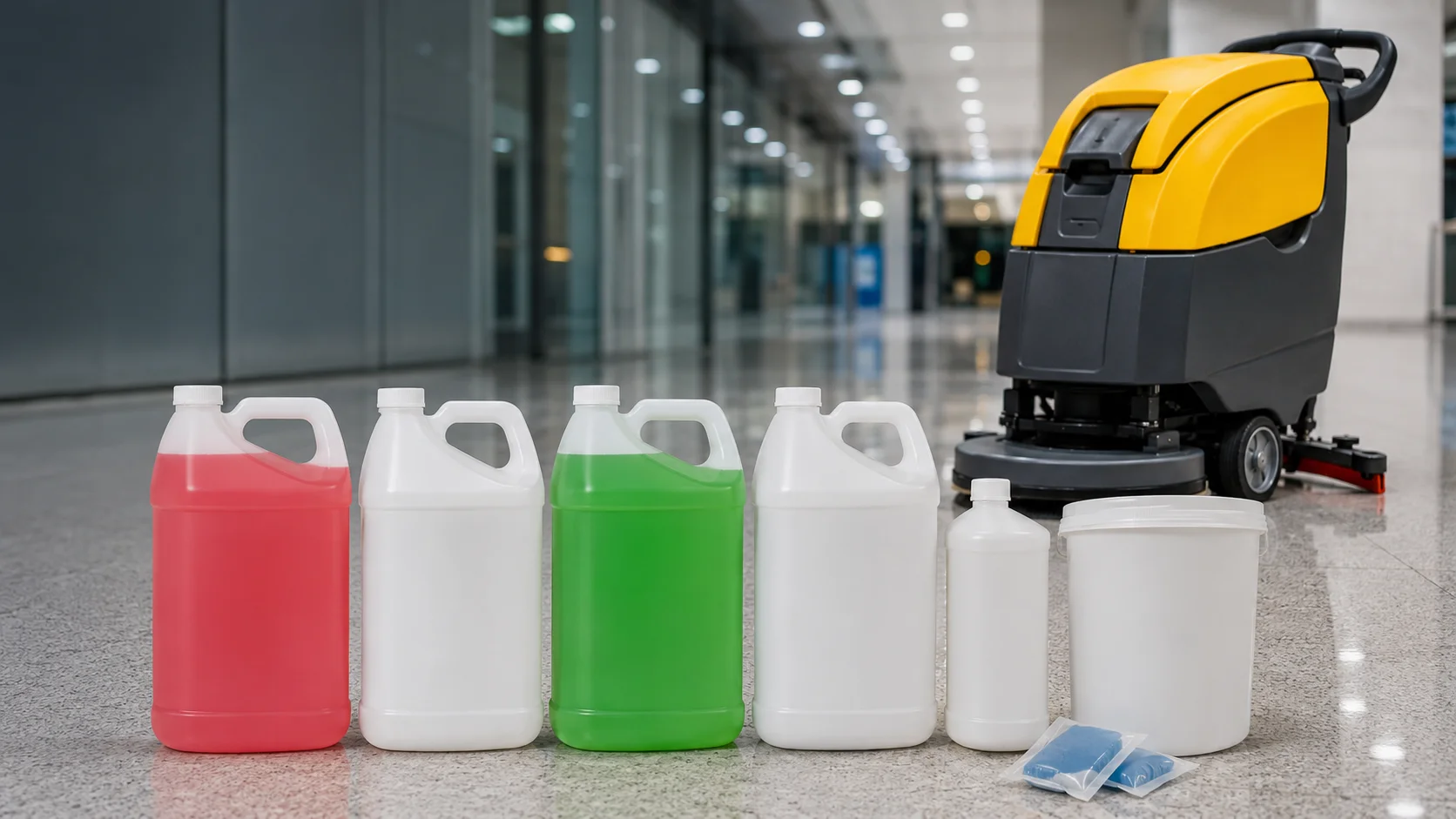 Commercial floor scrubber with cleaning detergent containers on a polished commercial facility floor.