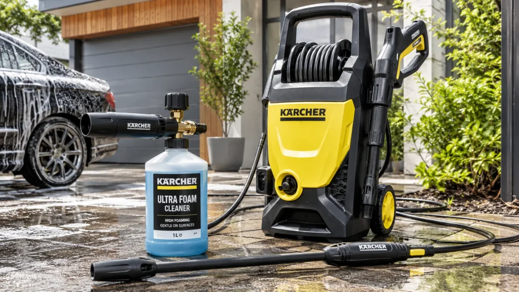 Kärcher pressure washer soap dispenser with foam cleaner and cannon beside a soapy car.