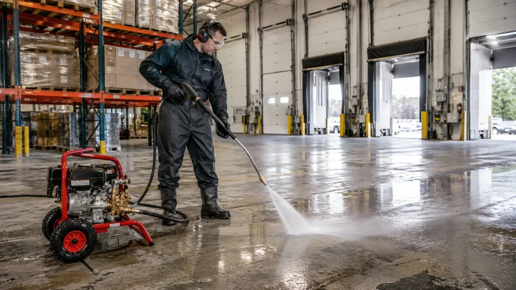 Cold-water pressure washer cleaning a concrete warehouse floor for commercial maintenance.