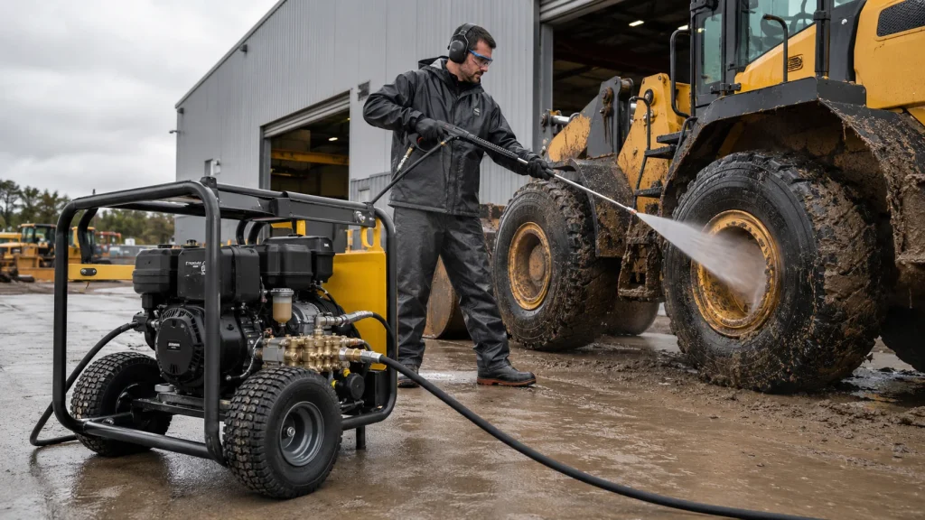 Diesel-powered pressure washer cleaning muddy construction equipment in a commercial service yard.