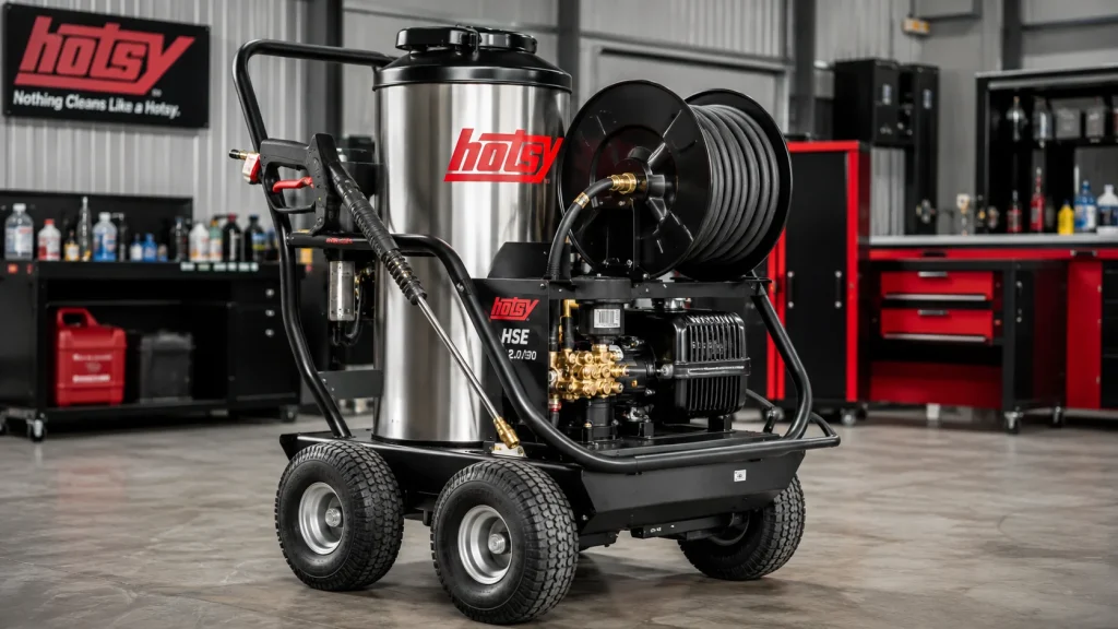 Hotsy commercial hot-water pressure washer with spray wand and coiled hose in an industrial garage.
