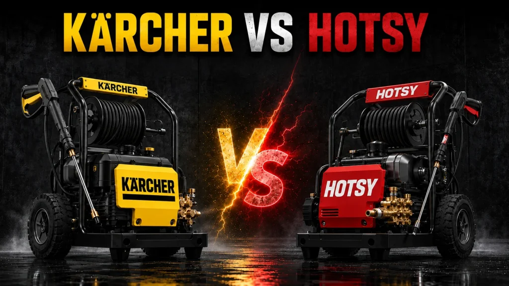 Kärcher vs Hotsy commercial cleaning machine comparison with both machines displayed side by side.