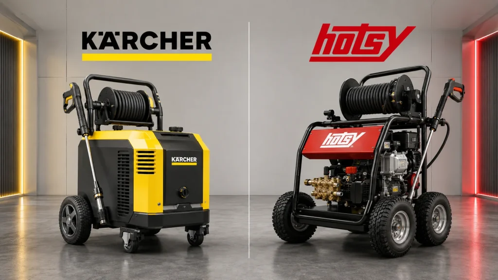Kärcher and Hotsy pressure washer comparison featuring two distinct commercial machines.