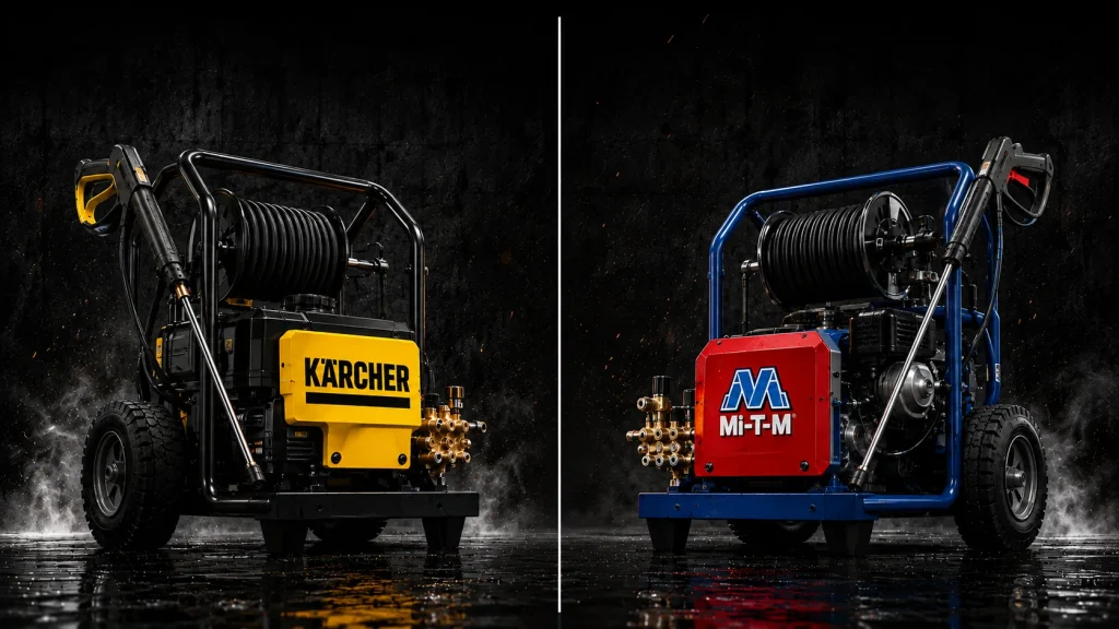 Karcher and Mi-T-M commercial pressure washers displayed side by side