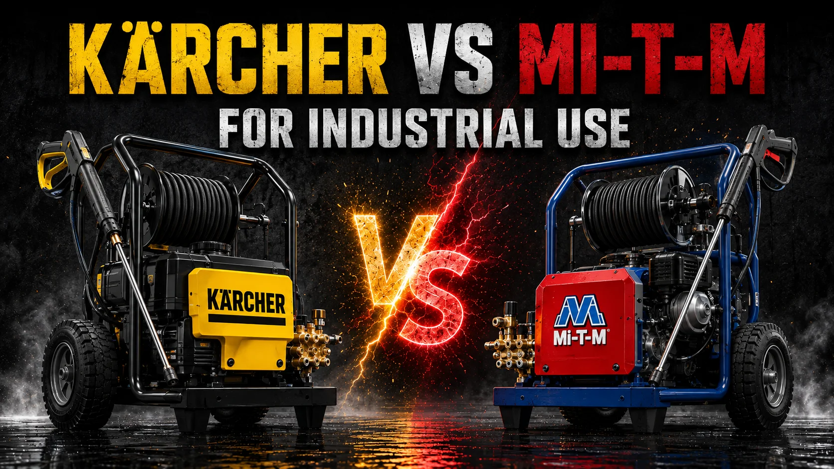 Karcher and Mi-T-M industrial pressure washers displayed side by side in a heavy-duty equipment comparison.