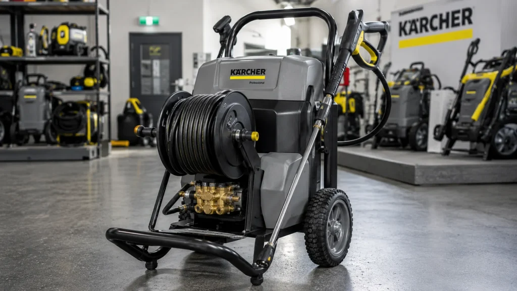 Kärcher commercial pressure washer with hose reel and spray wand displayed in a professional equipment showroom.