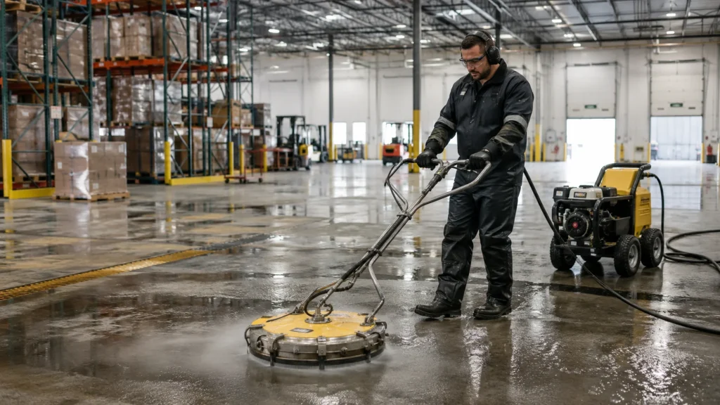 Karcher power washer for commercial use cleaning a warehouse floor with a surface cleaner.