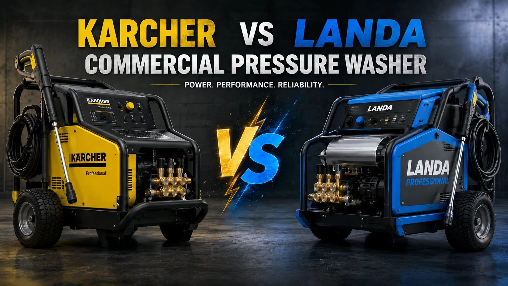Karcher vs Landa commercial pressure washer comparison featuring two heavy-duty industrial cleaning machines.