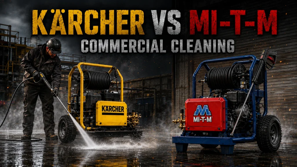 Kärcher vs Mi-T-M commercial cleaning comparison graphic featuring two industrial pressure washers
