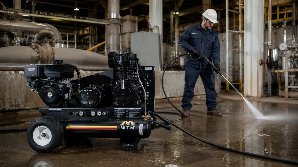 Male worker using Mi-T-M industrial cleaning equipment to wash a factory floor