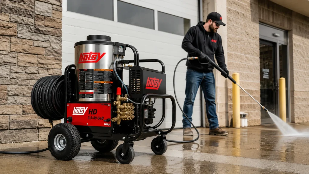 Man using a Hotsy commercial pressure washer to clean a concrete area outside an industrial building.