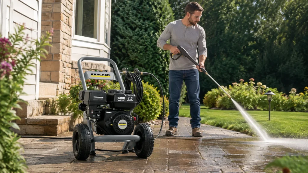 Man using a Kärcher pressure washer to clean a garden patio beside a landscaped lawn.