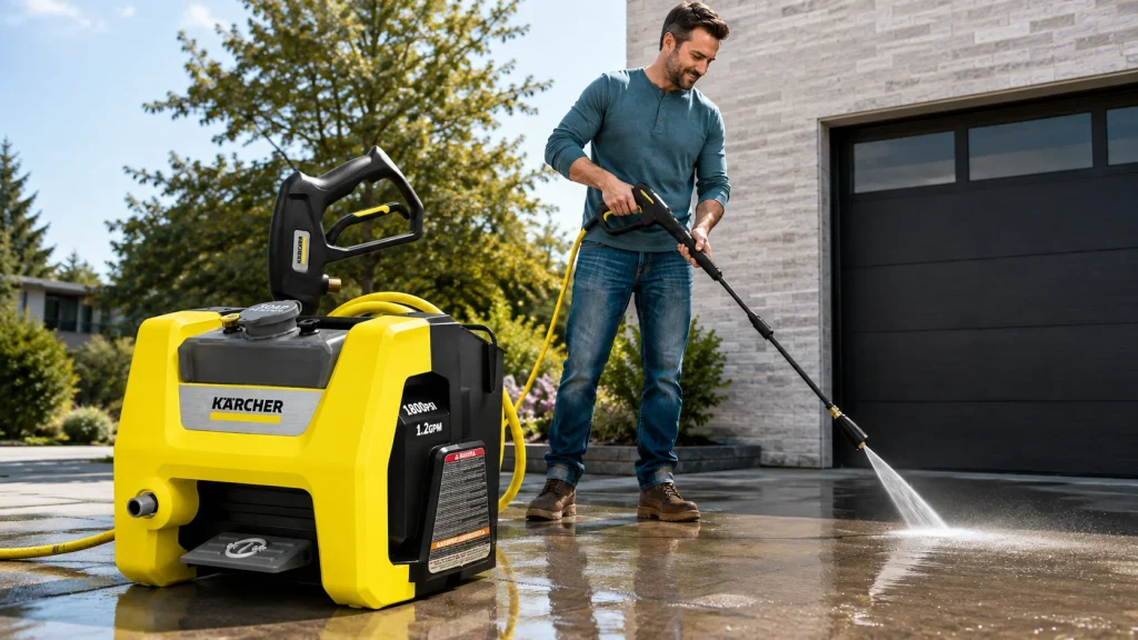 Man using a Kärcher pressure washer to clean a wet residential driveway outside a modern garage.
