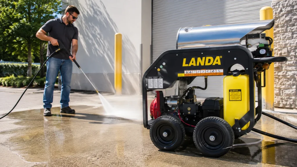 Man using a Landa commercial pressure washer to clean a concrete surface outside an industrial building.