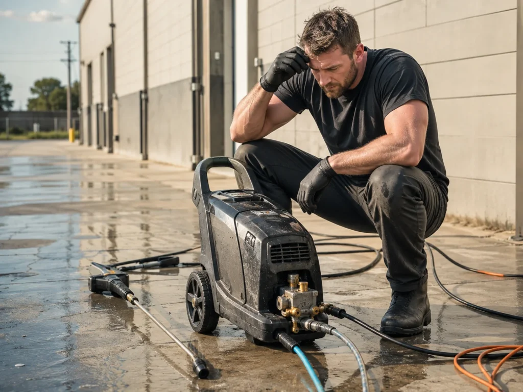 Operator inspecting an overheating electric pressure washer that keeps shutting off during cleaning.