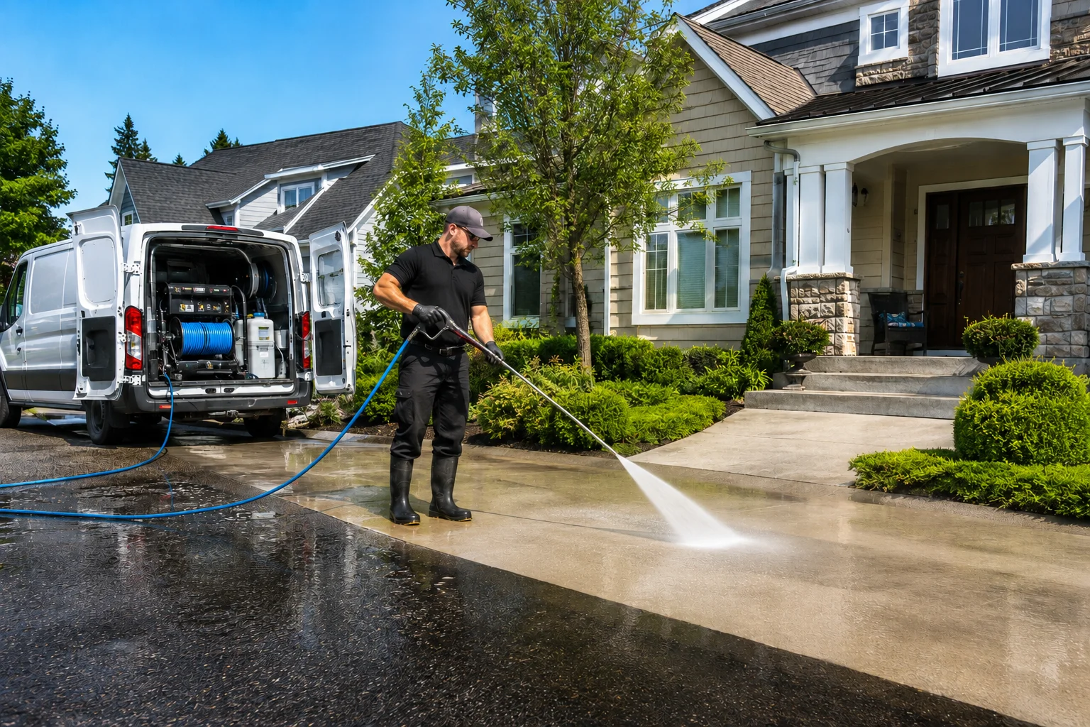 Power washing business cleaning a residential driveway with professional surface-washing equipment