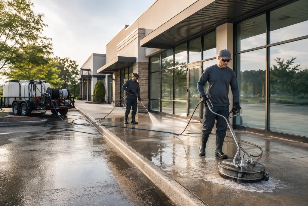 Power washing business crew cleaning a commercial storefront walkway with professional surface-cleaning equipment.