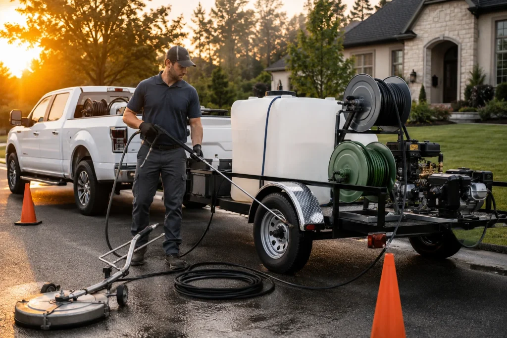 Power washing business owner preparing trailer-mounted equipment beside a service truck
