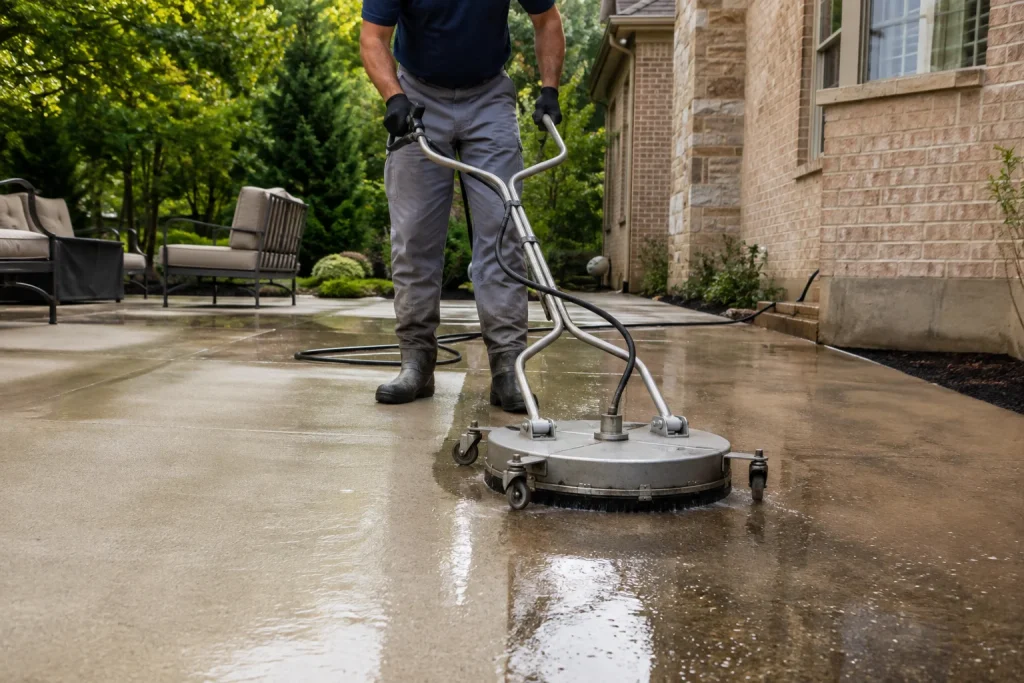 Power washing business professional cleaning a residential concrete patio with a commercial surface cleaner.