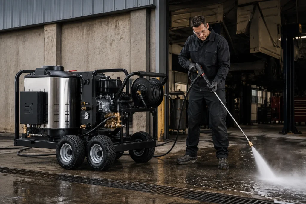 Power washing business professional using a commercial hot-water pressure washer to clean an industrial workshop floor.