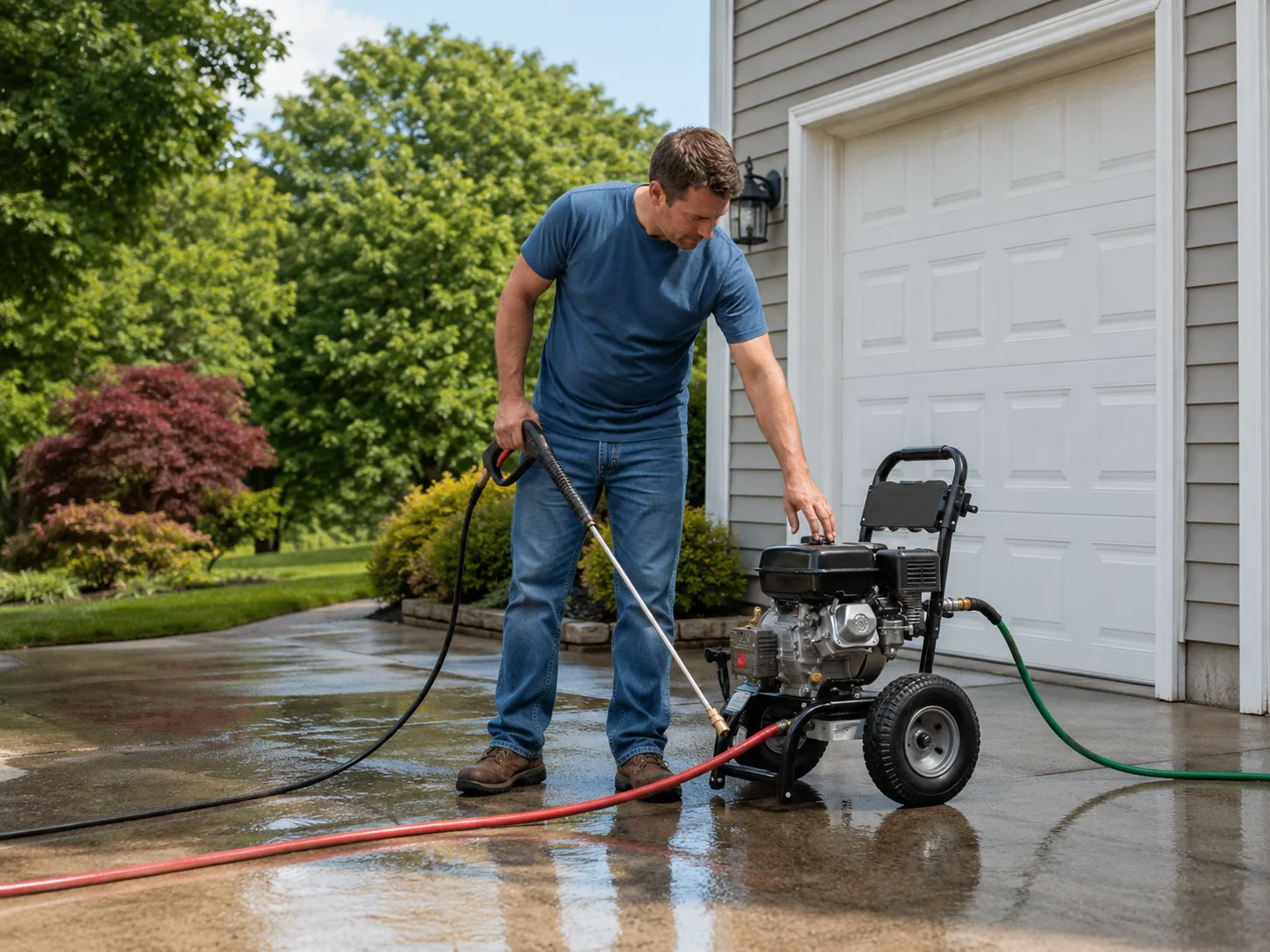 Pressure washer keeps shutting off while a homeowner checks the machine during driveway cleaning.