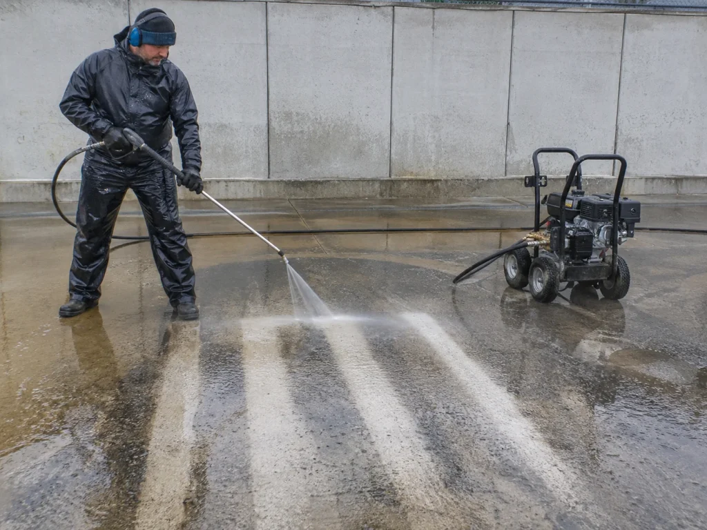 Pressure washer surging and causing uneven cleaning lines on a concrete surface.