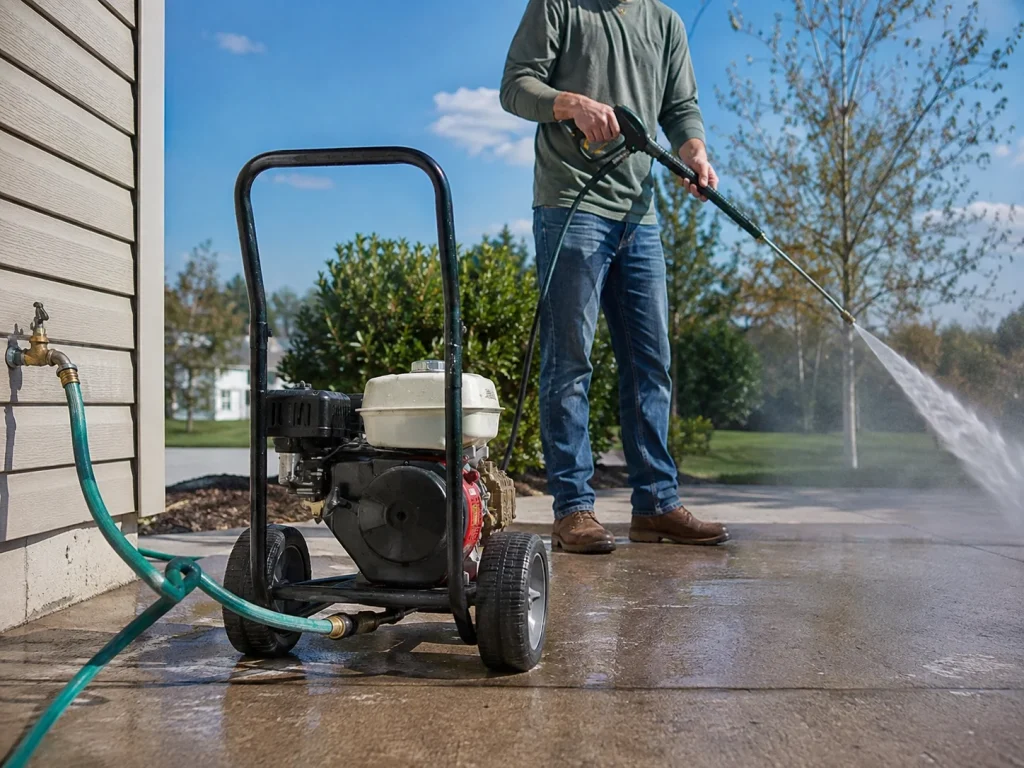 Pressure washer surging due to a kinked water supply hose while cleaning a residential driveway.