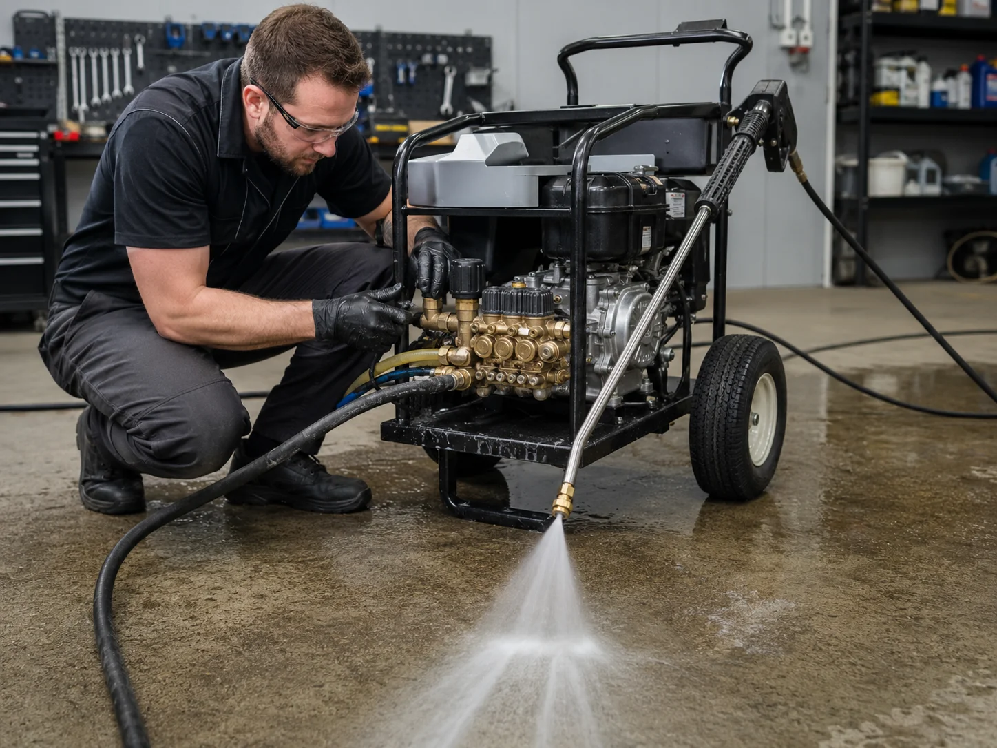 Pressure washer surging while a technician inspects the pump and water connections.