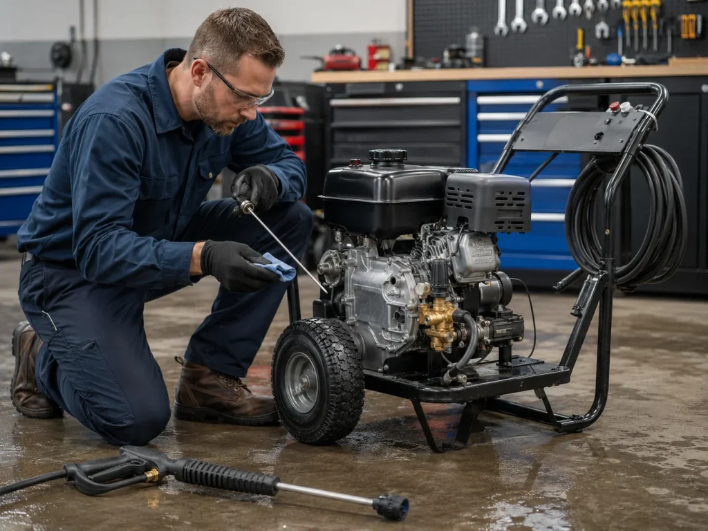 Technician checking the engine oil because the pressure washer keeps shutting off.
