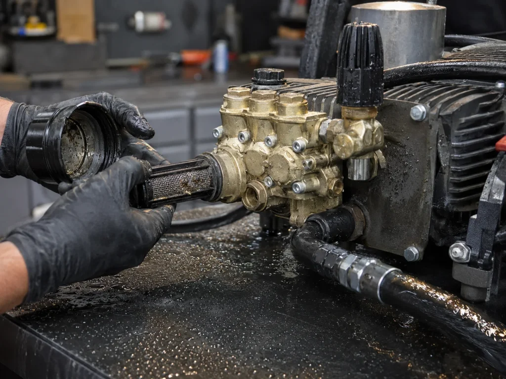 Technician cleaning a clogged inlet filter to fix a pressure washer surging problem.