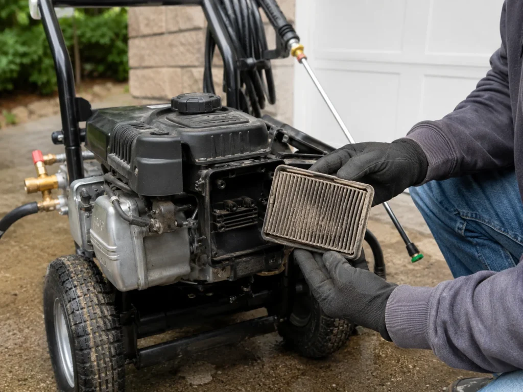 Pressure washer keeps shutting off while a homeowner checks the machine during driveway cleaning.