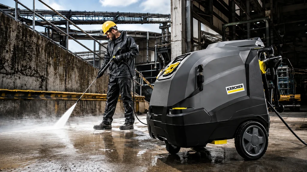 Worker using a Karcher industrial pressure washer to clean a factory floor.